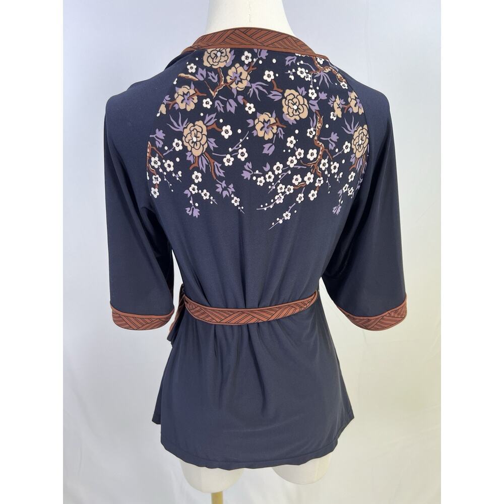 VTG BCBG Gorgeous Y2K Asian Print Kimono Wrap Top Women’s Small Blue Brown - Picture 7 of 11